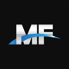 Initial letter MF, overlapping movement swoosh logo, metal silver blue color on black background