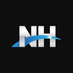 Initial letter NH, overlapping movement swoosh logo, metal silver blue color on black background