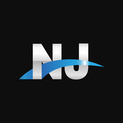 Initial letter NJ, overlapping movement swoosh logo, metal silver blue color on black background