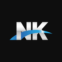 Initial letter NK, overlapping movement swoosh logo, metal silver blue color on black background