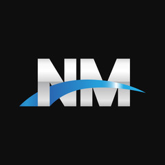Initial letter NM, overlapping movement swoosh logo, metal silver blue color on black background