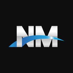 Initial letter NM, overlapping movement swoosh logo, metal silver blue color on black background