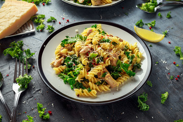 Homemade Pasta fusilli with Chicken, Green Kale, Garlic, lemon and parmesan cheese. healthy home...