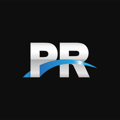 Initial letter PR, overlapping movement swoosh logo, metal silver blue color on black background