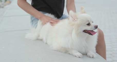 Woman play with her dog at outdoor