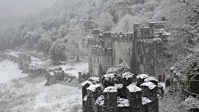 Gwrych castle Ruins in snow, magical British European castle Snowing gently overlooking the castle with turret in foreground