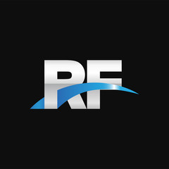 Initial letter RF, overlapping movement swoosh logo, metal silver blue color on black background