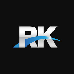 Initial letter RK, overlapping movement swoosh logo, metal silver blue color on black background