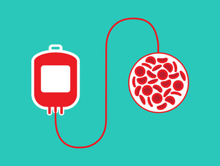 blood bag, heart and blood cells. Blood donation concept. Human donates blood. Vector illustration in flat style.
