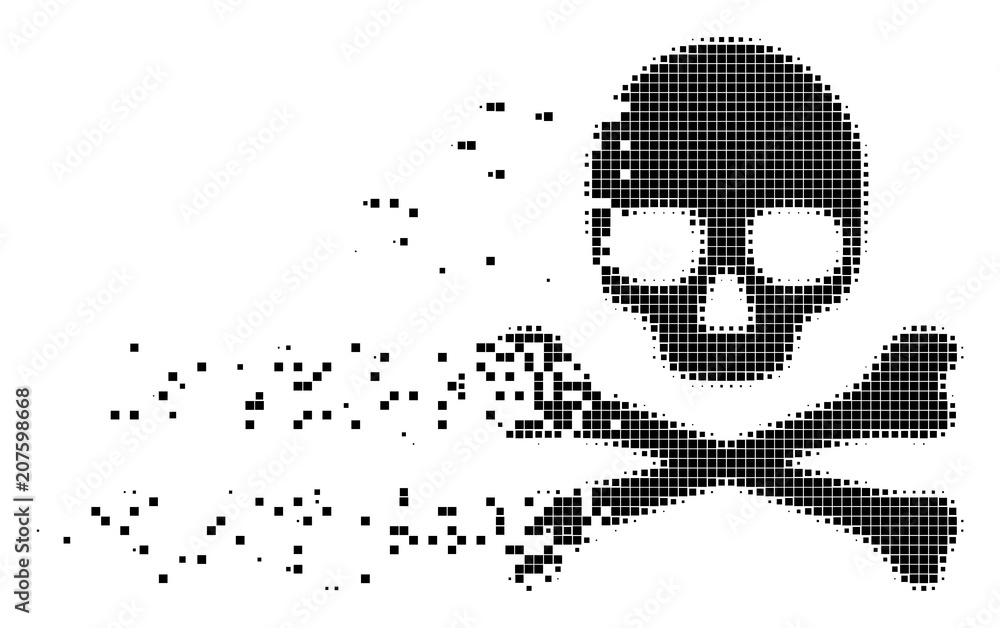 Poster fractured death skull dotted vector icon with disintegration effect. square particles are grouped in
