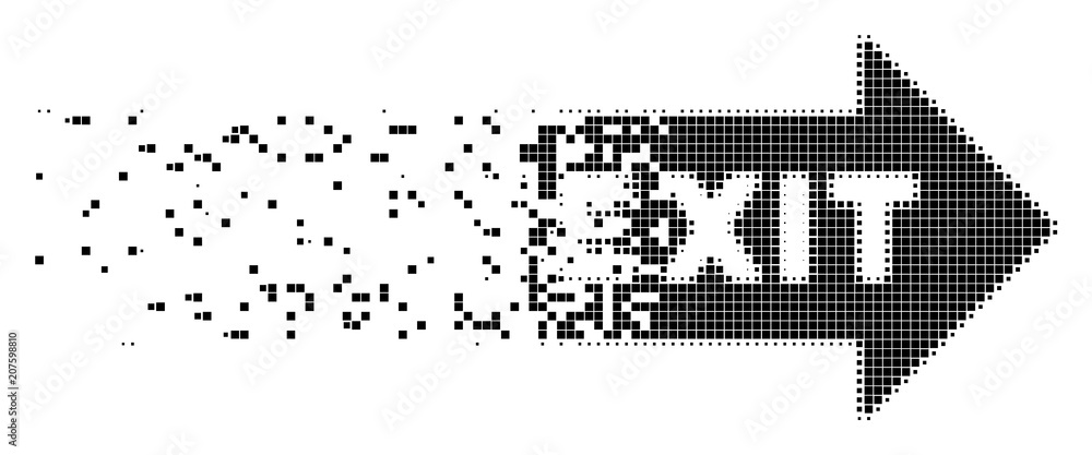 Poster dispersed exit arrow dot vector icon with disintegration effect. rectangular particles are composed 