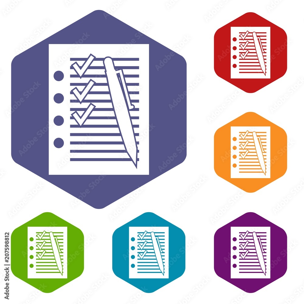 Poster document with plan and pen icons set rhombus in different colors isolated on white background