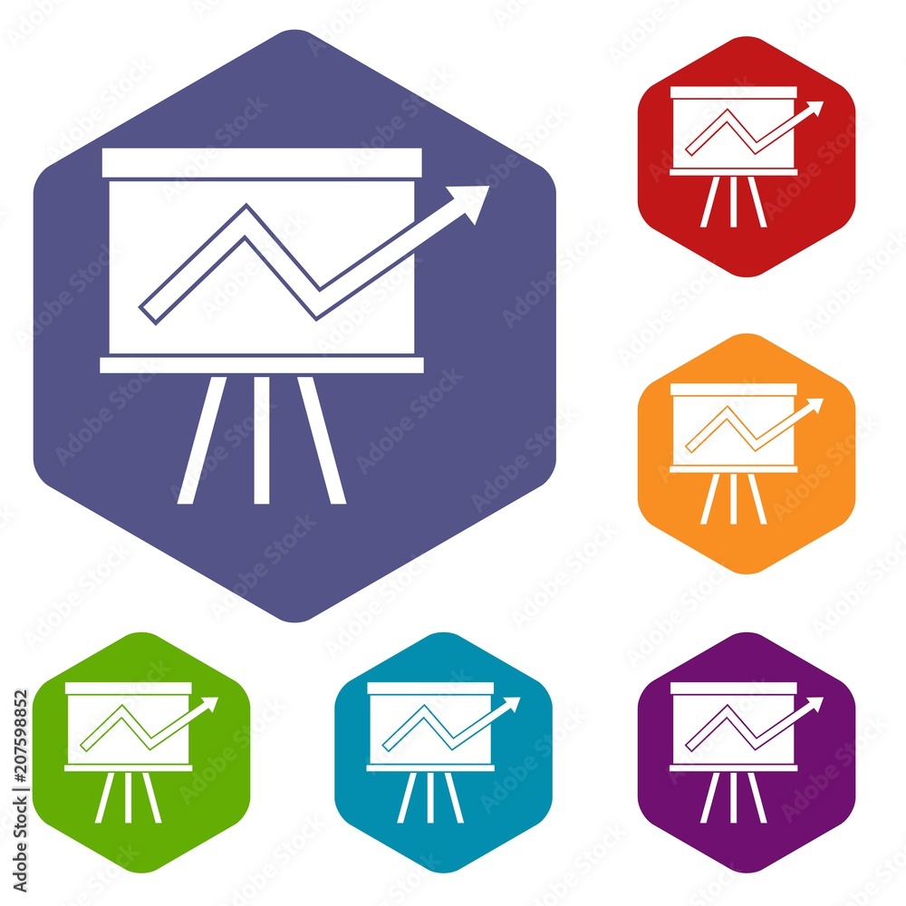 Poster flip chart with statistics icons set rhombus in different colors isolated on white background