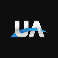 Initial letter UA, overlapping movement swoosh logo, metal silver blue color on black background
