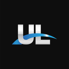 Initial letter UL, overlapping movement swoosh logo, metal silver blue color on black background