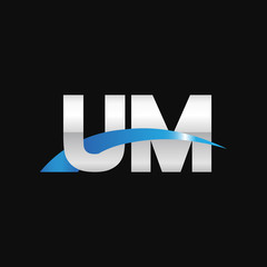 Initial letter UM, overlapping movement swoosh logo, metal silver blue color on black background