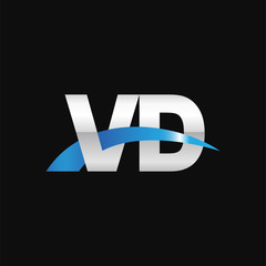 Initial letter VD, overlapping movement swoosh logo, metal silver blue color on black background