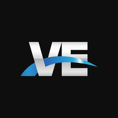 Initial letter VE, overlapping movement swoosh logo, metal silver blue color on black background