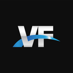 Initial letter VF, overlapping movement swoosh logo, metal silver blue color on black background