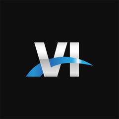 Initial letter VI, overlapping movement swoosh logo, metal silver blue color on black background