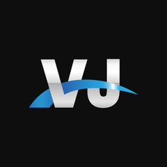 Initial letter VJ, overlapping movement swoosh logo, metal silver blue color on black background
