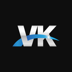 Initial letter VK, overlapping movement swoosh logo, metal silver blue color on black background