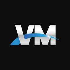 Initial letter VM, overlapping movement swoosh logo, metal silver blue color on black background