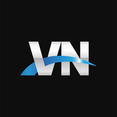 Initial letter VN, overlapping movement swoosh logo, metal silver blue color on black background