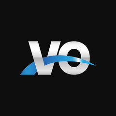 Initial letter VO, overlapping movement swoosh logo, metal silver blue color on black background