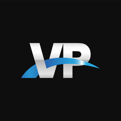 Initial letter VP, overlapping movement swoosh logo, metal silver blue color on black background