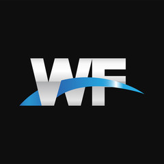 Initial letter WF, overlapping movement swoosh logo, metal silver blue color on black background