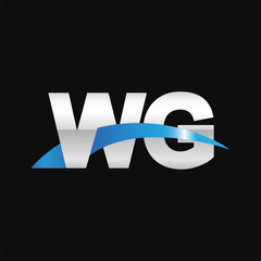 Initial letter WG, overlapping movement swoosh logo, metal silver blue color on black background
