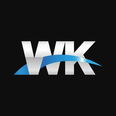 Initial letter WK, overlapping movement swoosh logo, metal silver blue color on black background