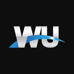 Initial letter WU, overlapping movement swoosh logo, metal silver blue color on black background