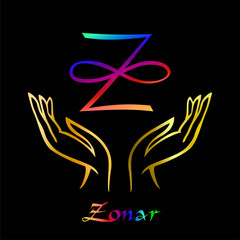 Karuna Reiki. Energy healing. Alternative medicine. Symbol Of Zonar. Spiritual practice. Esoteric.Open palm. Rainbow color. Vector