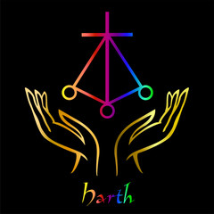 Karuna Reiki. Energy healing. Alternative medicine. Symbol Harth . Spiritual practice. Esoteric.Open palm. Rainbow color. Vector