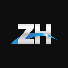 Initial letter ZH, overlapping movement swoosh logo, metal silver blue color on black background