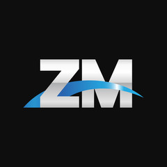 Initial letter ZM, overlapping movement swoosh logo, metal silver blue color on black background