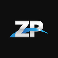 Initial letter ZP, overlapping movement swoosh logo, metal silver blue color on black background