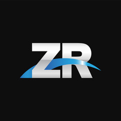 Initial letter ZR, overlapping movement swoosh logo, metal silver blue color on black background