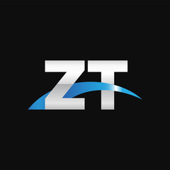 Initial letter ZT, overlapping movement swoosh logo, metal silver blue color on black background
