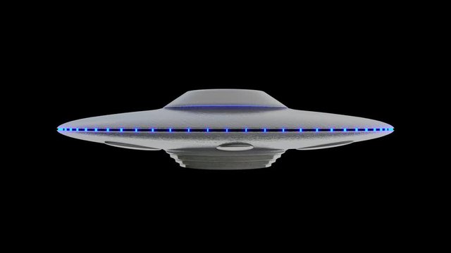 UFO - Flying Saucer with Blue lights rotating infinite repeat loop - isolated on black background