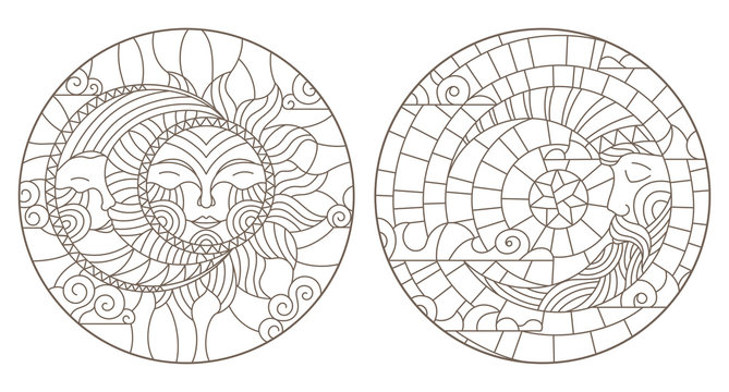 Set of outline illustrations of stained glass Windows with sun and moon on cloudy sky background, dark outlines on white background,round images
