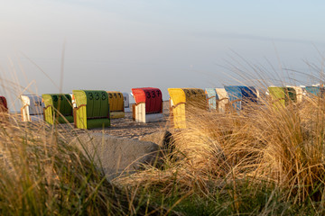 Roofed beach chair at baltic sea beach in the morning with grass in the foreground