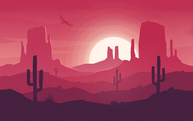Colorful desert landscape at hot sunset. 