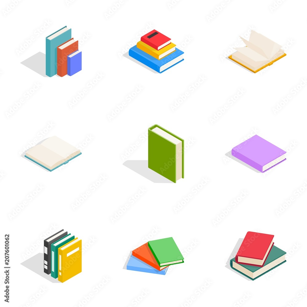 Poster reading icons set. isometric 3d illustration of 9 reading vector icons for web