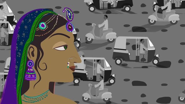 Heavy Traffic and Traditional Indian Hindu Woman in a Busy Street