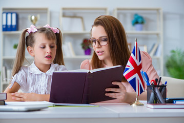 Young girl learning english with teacher