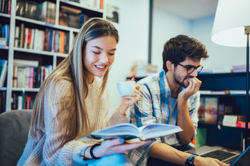 Obraz premium Young couple is working in cafe on laptop and smiling.