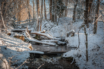 Winter creek on the Ogre river - Glazskunis Long waterfall. Latvia. Baltic. One of the cascades.